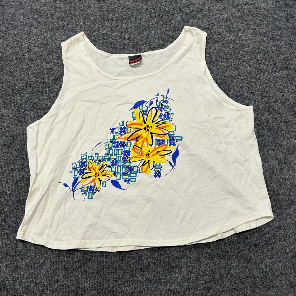 Prospirit Tank Top Womens Size L/XL White Cotton Floral Cropped Relaxed USA Made